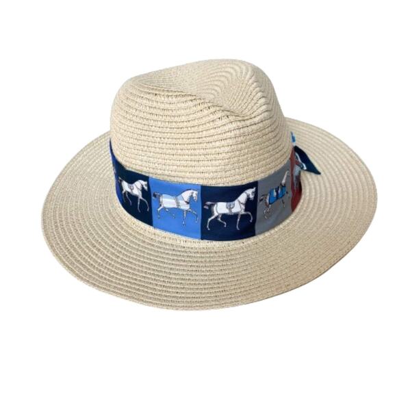 Men Women Panama Fedora Derby Hat Knotted Horse Band Cream Navy Festival NEW